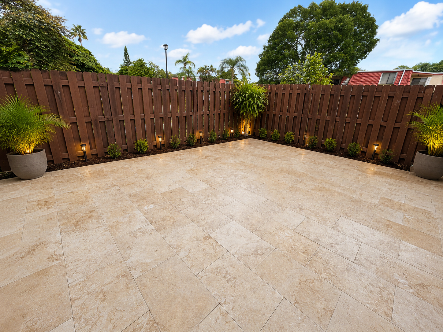 Finished travertine patio by Forben Construction